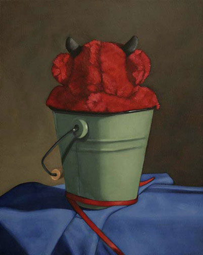 Red Devil in a Green Pail - Oil Painting by Alexandria Levin